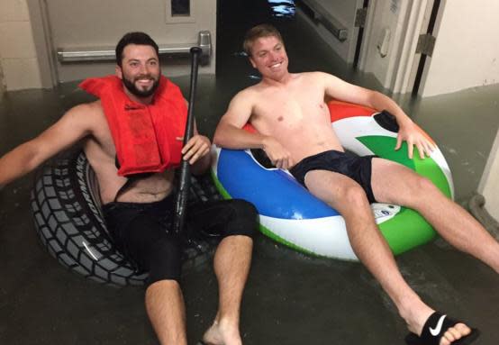 Robert Stephenson and other members of the Louisville Bats floated around the dugout. (Louisville Bats)