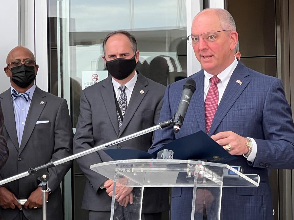 Gov. John Bel Edwards speaks at the ribbon cutting ceremony for the Lafayette Regional Airport's new terminal on January 19, 2022.