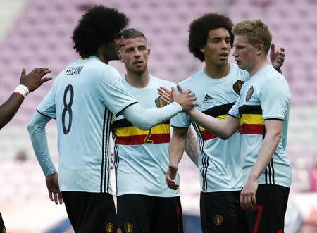 Football Soccer - Switzerland v Belgium - International Friendly - Geneva, Switzerland - 28/05/16. Belgium's Kevin De Bruyne (R) celebrates with team mates after scoring. REUTERS/Denis Balibouse