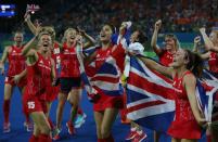 <p>Great Britain celebrates after winning a penalty shoot out during the Women’s Hockey final between Great Britain and the Netherlands on day 14 at Olympic Hockey Centre on August 19, 2016 in Rio de Janeiro, Brazil. (Photo by Ian MacNicol/Getty Images) </p>