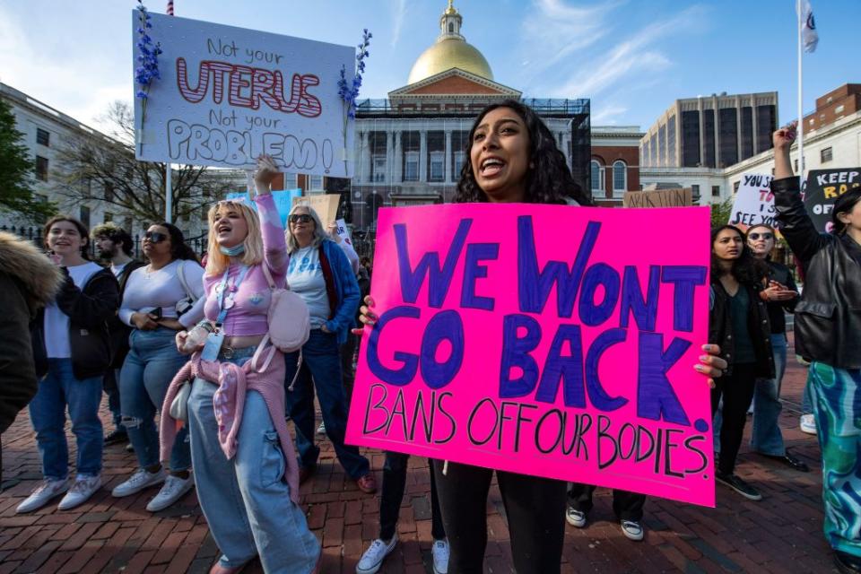 Pro-choice demonstrators rally outside the State House during a Pro-Choice Mother's Day Rally in Boston, Massachusetts on May 8, 2022.<span class="copyright">Photo by JOSEPH PREZIOSO/AFP via Getty Images</span>