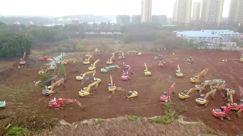 An aerial view shows the construction site of a new hospital dedicated to treating patients with coronavirus, in Wuhan