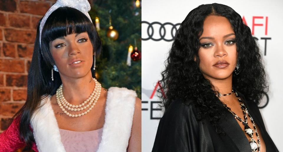 A holiday-themed Rihanna wax figure is causing controversy online. (Images via Getty Images)