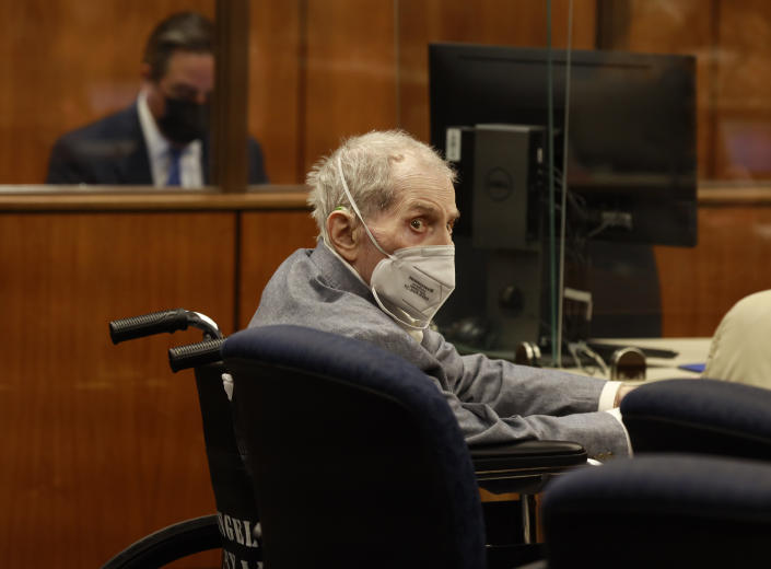 Robert Durst looks at jurors as he appears in a courtroom in Inglewood, Calif. on Wednesday, Sept. 8, 2021, with his attorneys for closing arguments presented by the prosecution in the murder trial of the New York real estate scion who is charged with the longtime friend Susan Berman's killing in Benedict Canyon just before Christmas Eve 2000. (Al Seib/Los Angeles Times via AP, Pool)