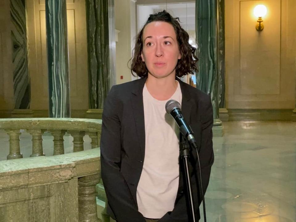 Saskatchewan NDP house leader Nicole Sarauer speaks with media after question period on Nov. 24. (Kirk Fraser/CBC - image credit)