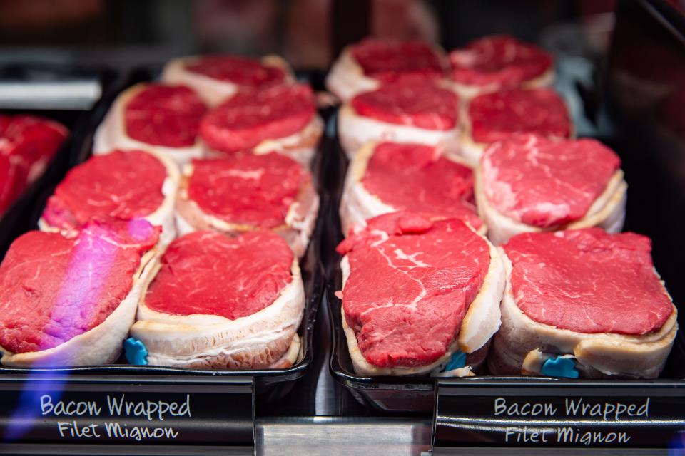 Bacon-wrapped filet mignon is found in the butcher case at the new Fareway Meat Market at 2716 Beaver Ave. in Des Moines.