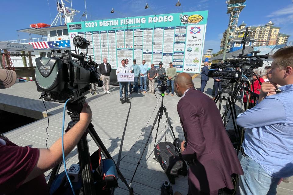 With the Destin Fishing Rodeo leaderboard as a backdrop, Gov. Ron DeSantis announced during a press conference Thursday morning at A.J.'s Seafood & Oyster Bar that the Gulf red snapper season has been extended to 57 days.