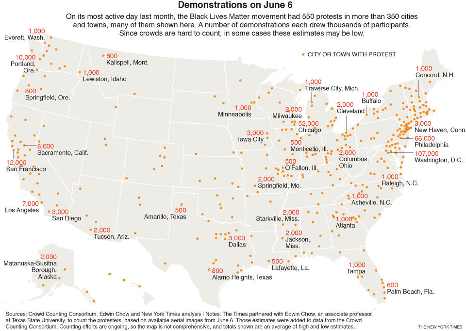 Las recientes protestas de Black Lives Matter alcanzaron su punto máximo el 6 de junio, cuando medio millón de personas acudieron a casi 550 espacios en todo Estados Unidos.