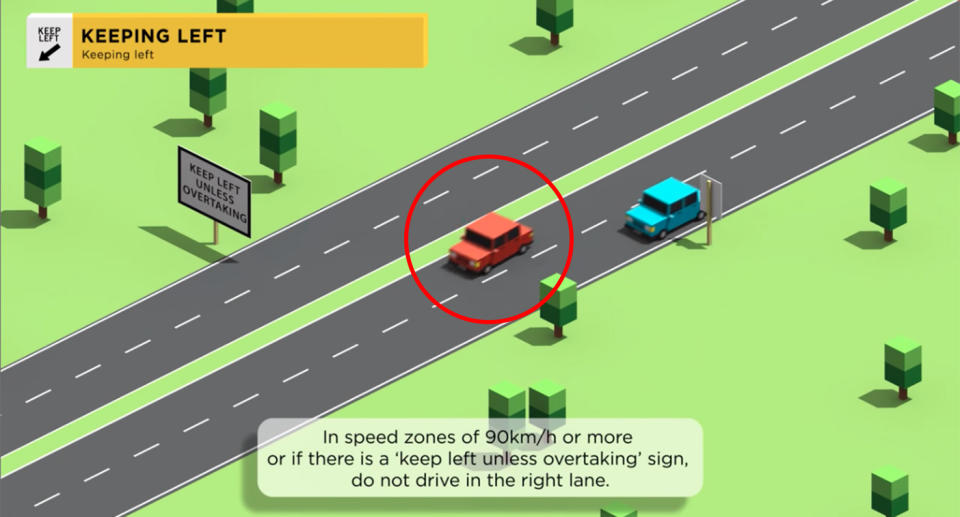 Driving in the middle or right lane when it is clear on the left, like this red car, can carry hefty penalties in Victoria. Source: Road Safety Commission