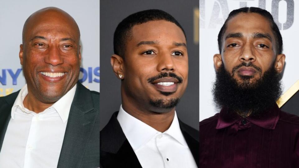 Joining the Hollywood Walk of Fame stars list in 2022 are (from left) Byron Allen, Michael B. Jordan and late rapper Nipsey Hussle, officials announced. (Photos by Jean Baptiste Lacroix/Getty Images, Frazer Harrison/Getty Images and Amanda Edwards/Getty Images)