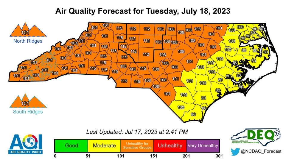 The N.C. Department of Environmental Quality releases an air quality alert for July 18 due to particulates continuing to drift south from Canadian wildfires, making the air unhealthy for sensitive groups.