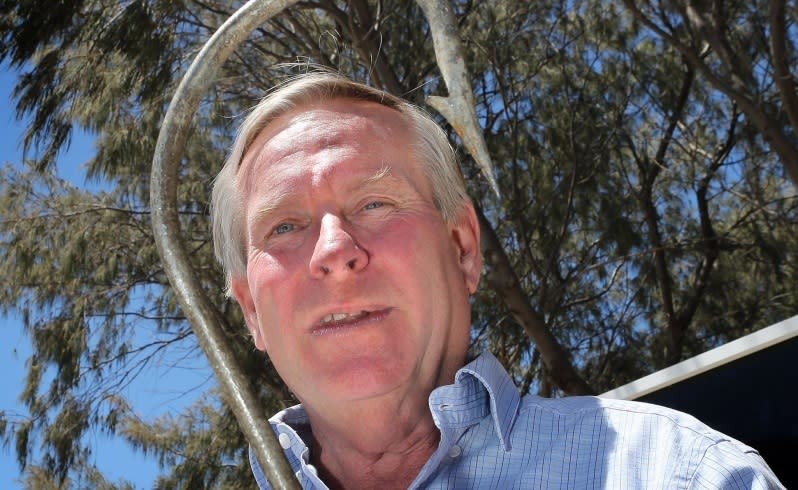 Premier Colin Barnett shows the hook used to catch 3m-plus sharks in December last year. Picture: Bill Hatto/The West Australian.