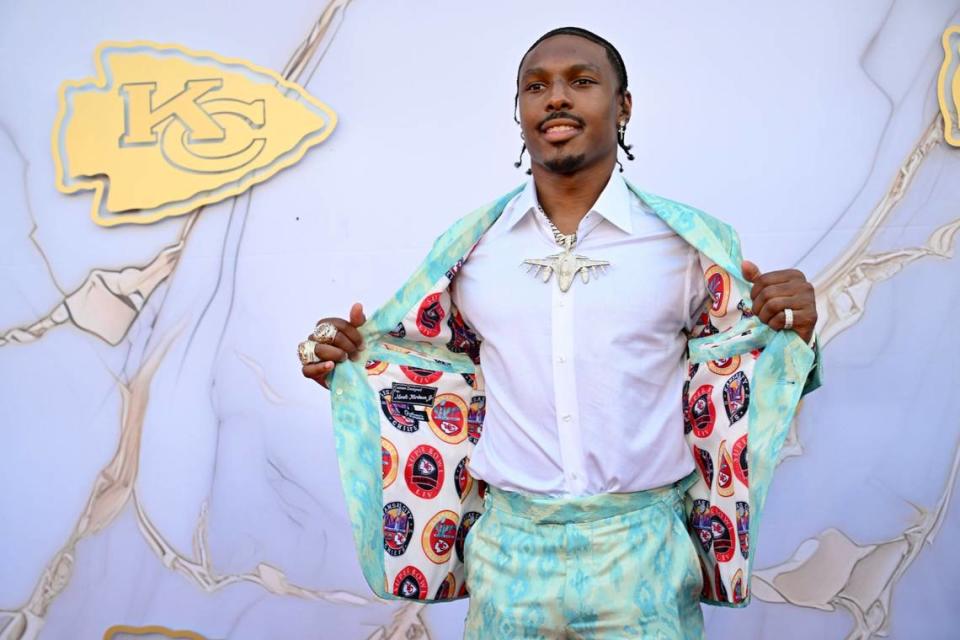 Kansas City Chiefs wide receiver Mecole Hardman shows off his jacket Thursday, June 13, 2024, during the Kansas City Chiefs Super Bowl LVIII Championship ring ceremony red carpet event at the Nelson-Atkins Museum of Art.