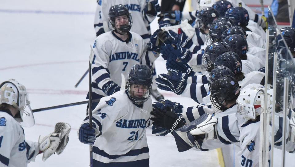 Sandwich's Christopher Cardillo works the line after the team's first goal as Dennis-Yarmouth/Cape Cod Tech/Cape Cod Academy and Sandwich met in tournament hockey action at Gallo Arena on March 9, 2023.