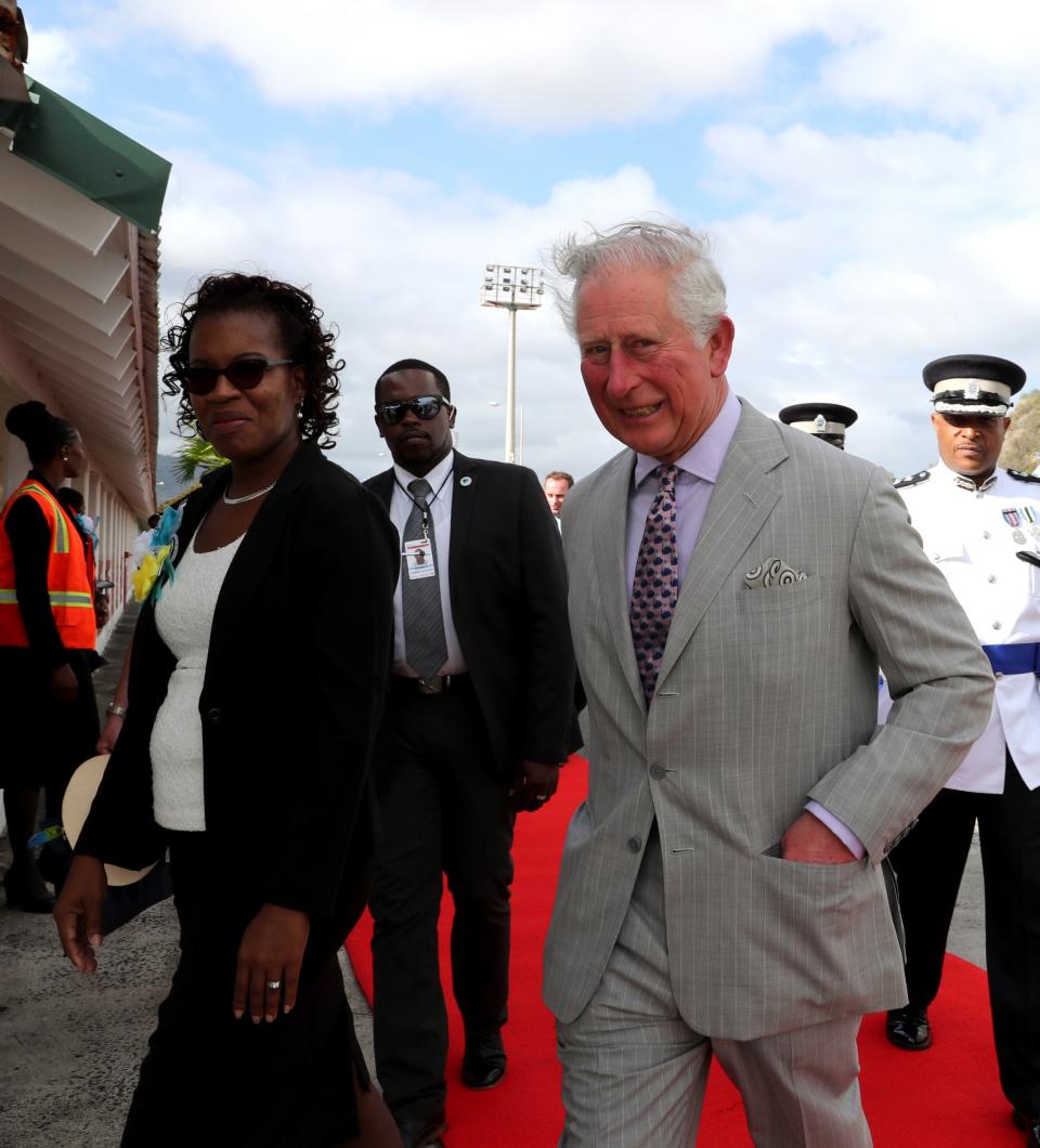 Prince Charles arrives at Hewanorra International Airport in Vieux Fort, St Lucia, on Sunday (Chris Jackson/Getty Images)