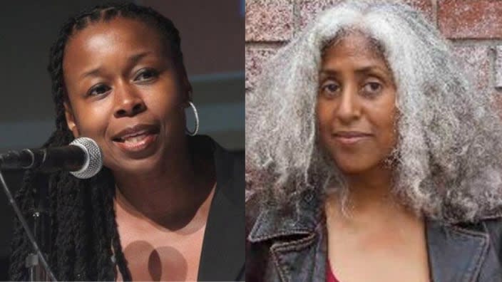 Patrisse Cullors announced that “two powerful, Black women,” Makani Themba, right, and Monifa Bandele, left, will be coming in as senior executives to serve in the interim. (Photo: Twitter/MomsRising.org)