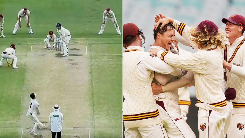 Qld celebrate their win after Mitchell Swepson's final wicket against Victoria.