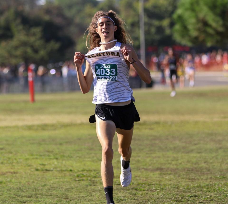 Anthony Fast Horse of Ventura High wins the Rob Brenner boys championship race at the Clovis Invitational on Saturday. Fast Horse finished in 14:32.5.