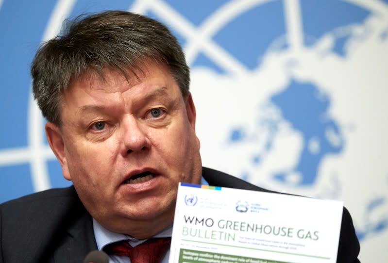 WMO Secretary-General Taalas attends a news conference at the UN in Geneva