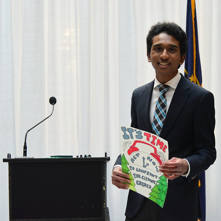 Rahul Durai, a student at West Lafayette Junior-Senior High School, is being recognized for climate advocacy and leadership in promoting climate legislation and educating others on carbon mitigation, sustainability, resilience, and more. He was named a 2023 Hoosier Resilience Hero.