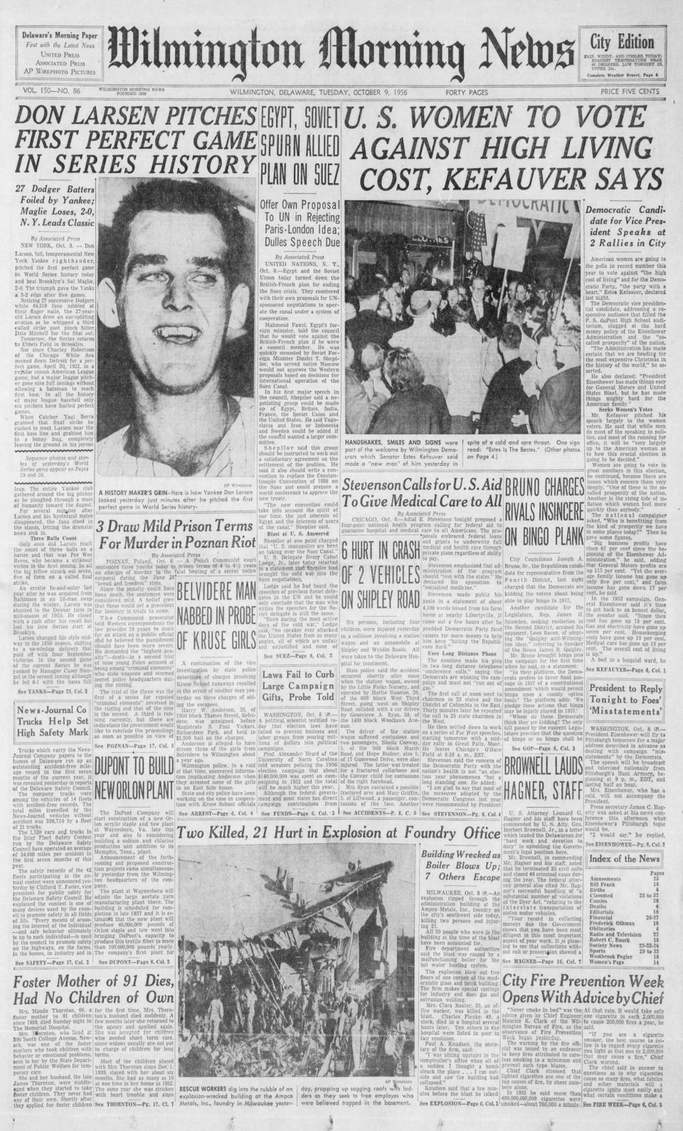 Front page of the Wilmington Morning News from Oct. 9, 1956.