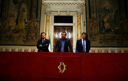 League party leader Matteo Salvini speaks at the media after a round of consultations with Italy's newly appointed Prime Minister Giuseppe Conte at the Lower House in Rome, Italy, May 24, 2018. REUTERS/Tony Gentile/File Photo