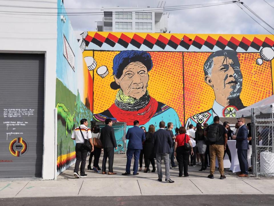 Native American artist Bunky Echo-Hawk’s mural for Art Basel is unveiled during a press conference event on Thursday morning, November 21, 2019, in Miami’s Wynwood neighborhood.