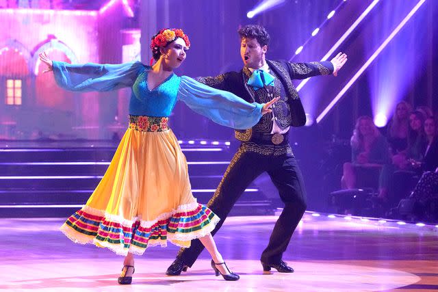 <p>Eric McCandless/Disney via Gett</p> Xochitl Gomez and Val Chmerkovskiy on <em>Dancing with the Stars</em>' Disney night