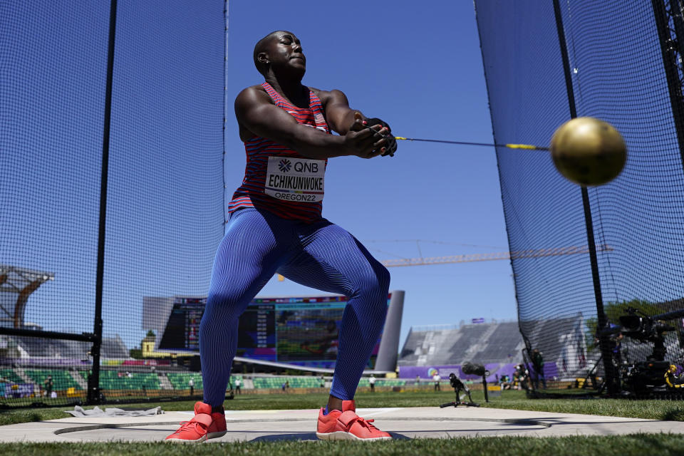 Annette Nneka Echikunwoke, of the United States, competes during qualifying for the women's hammer throw at the World Athletics Championships Friday, July 15, 2022, in Eugene, Ore. (AP Photo/David J. Phillip)