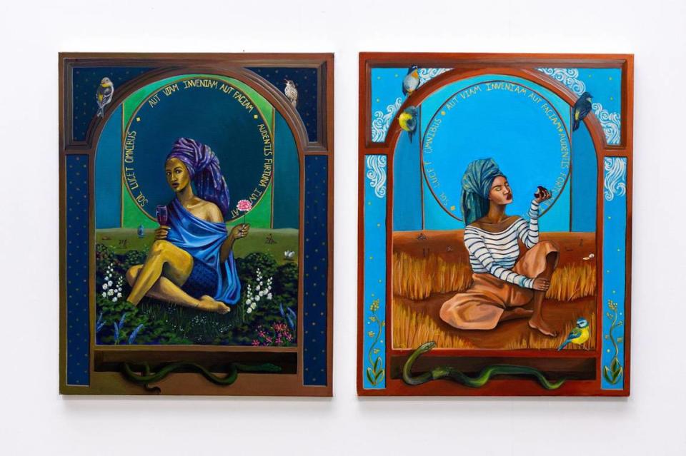 Artworks entitled ‘Carpe Noctem’, left, and ‘Carpe Diem’ by artist Nill Smith is displayed at the Art Prizm Fair.