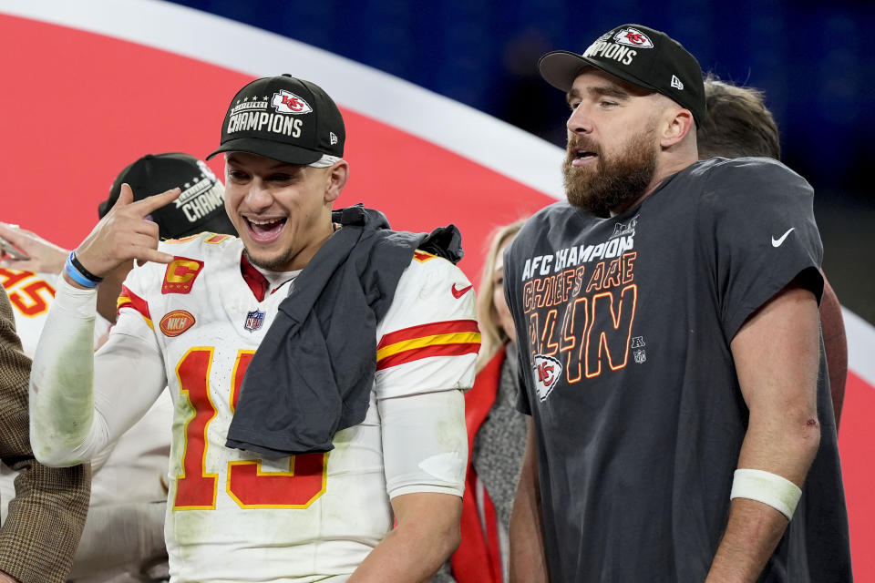 Kansas City Chiefs quarterback Patrick Mahomes, left, and Kansas City Chiefs tight end Travis Kelce stand on the stage after an AFC Championship NFL football game against the Baltimore Ravens, Sunday, Jan. 28, 2024, in Baltimore. The Kansas City Chiefs won 17-10. (AP Photo/Alex Brandon)