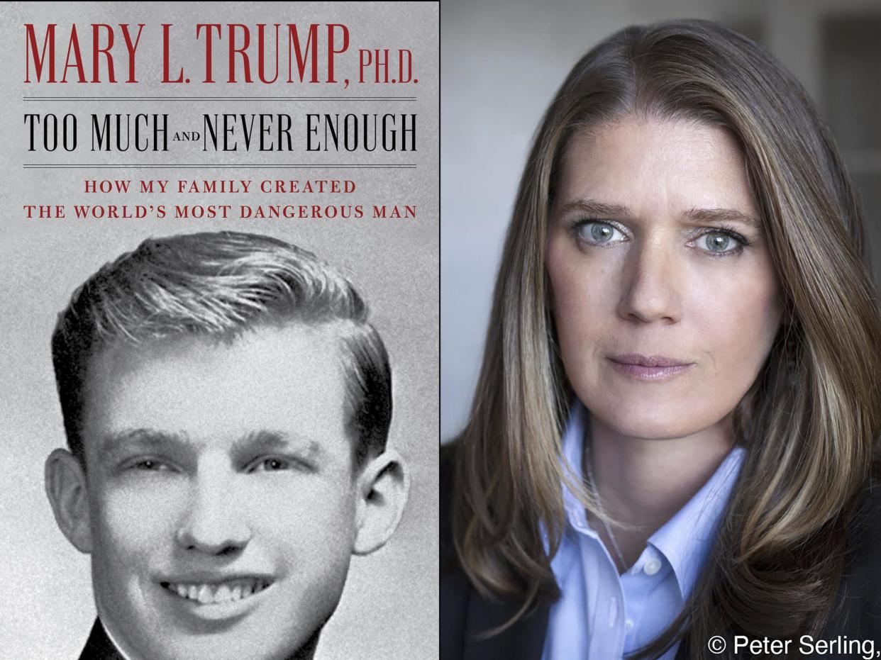 The cover art for Too Much and Never Enough: How My Family Created the World's Most Dangerous Man, left, and a portrait of author Mary L Trump: (2020 The Associated Press)