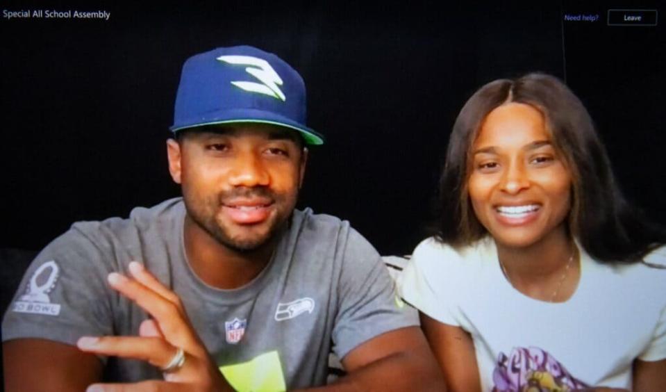 Seattle Seahawks quarterback Russell Wilson and performance artist Ciara Wilson make a surprise online visit with students of Denny Way International Middle School on Tuesday. The power couple gave a … (Amanda Snyder / The Seattle Times)