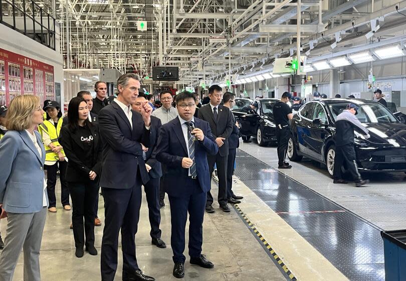 Gov. Gavin Newsom tours the Tesla gigafactory in Shanghai on Sunday Oct. 29, 2023. Laurel Rosenhall, Los Angeles Times