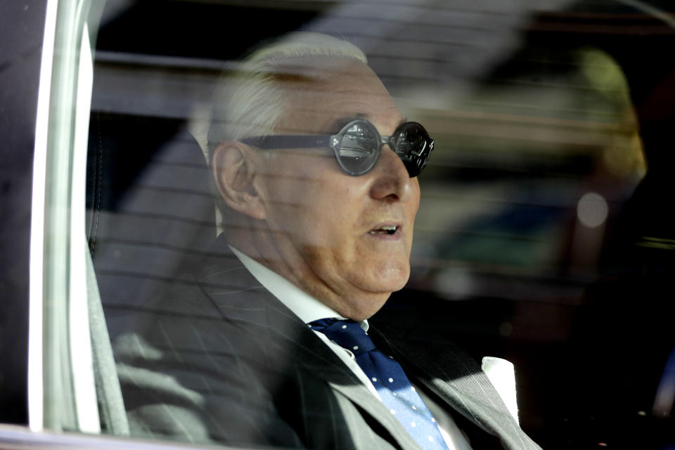 Roger Stone sits in a vehicle while leaving federal court in Washington on Friday. (Photo: Julio Cortez/AP)