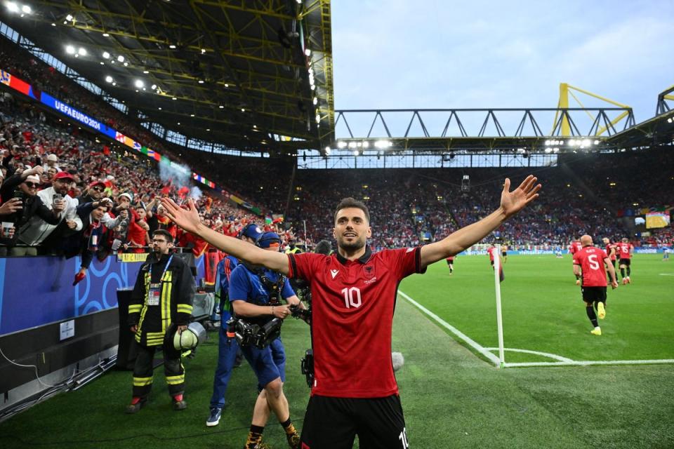 Nedim Bajrami celebrates his goal after 23 seconds against Italy (AFP via Getty Images)