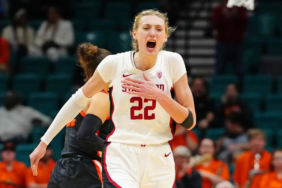 Mar 8, 2024; Las Vegas, NV, USA; Stanford Cardinal forward Cameron Brink (22) celebrates after making a play against the Oregon State Beavers during the third quarter at MGM Grand Garden Arena. Mandatory Credit: Stephen R. Sylvanie-USA TODAY Sports