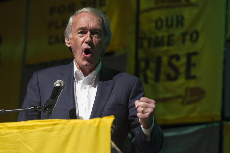 Sen. Ed Markey, D-Mass., addresses The Road to the Green New Deal Tour final event at Howard University in Washington, Monday, May 13, 2019. (AP Photo/Cliff Owen)