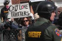 <p>Counter-demonstrators taunt a small group of white nationalist protestors before the start of a rally on Oct. 28, 2017 in Murfreesboro, Tenn. (Photo: Scott Olson/Getty Images) </p>