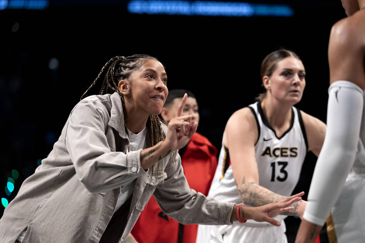 Las Vegas Aces forward Candace Parker gestures to forward A'ja Wilson, out of frame at right, in a timeout before the final moments of Game 4 of the WNBA basketball final series against the New York Liberty at Barclays Center on Wednesday, Oct. 18, 2023, in Brooklyn, New York. (Ellen Schmidt/Las Vegas Review-Journal/Tribune News Service via Getty Images)