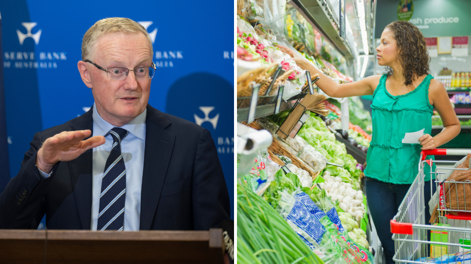 Composite image of RBA governor Philip Lowe gesturing, and a woman selecting fresh produce in a supermarket to represent inflation.