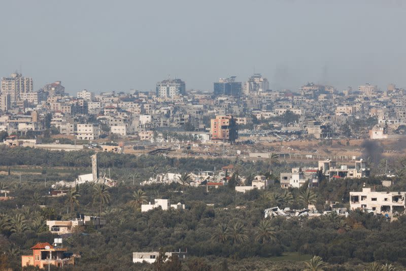 A view shows damaged buildings in central Gaza