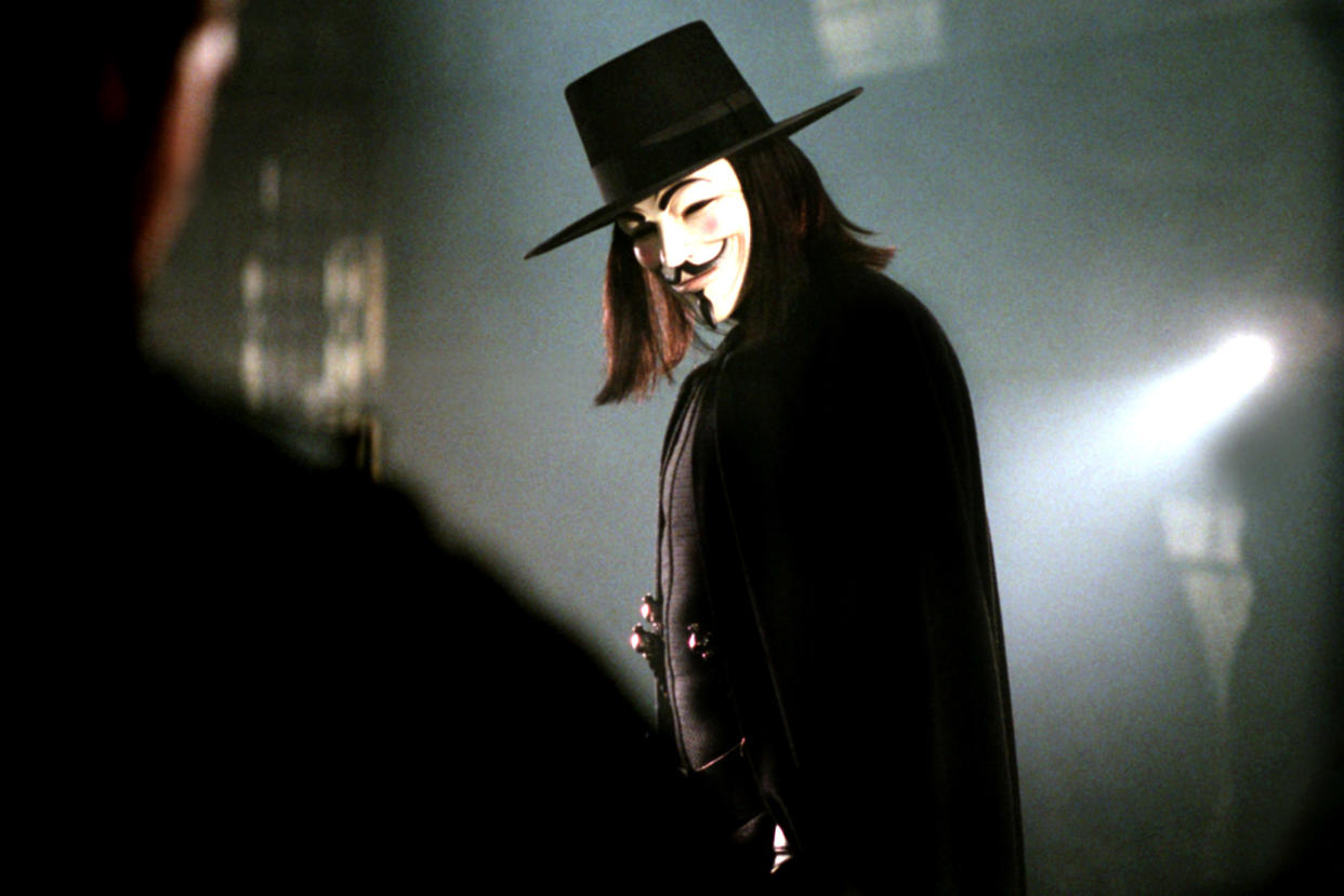 Hugo Weaving as the title character of the 2006 comic book blockbuster, 'V for Vendetta' (Photo: Warner Brothers/courtesy Everett Collection)
