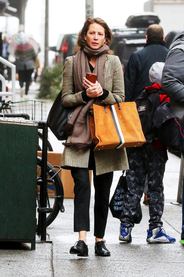 Christy Turlington was spotted on the streets of New York City in a menswear-inspired look. (Photo: AKM-GSI) 