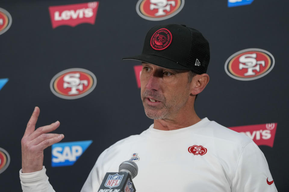 San Francisco 49ers head coach Kyle Shanahan speaking during a news conference after an NFL football game against the Washington Commanders, Sunday, Dec. 31, 2023, in Landover, Md. San Francisco won 27-10. (AP Photo/Alex Brandon)