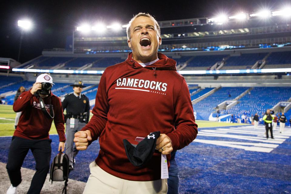 Oct 8, 2022; Lexington, Kentucky, USA; South Carolina Gamecocks head coach Shane Beamer celebrates after a game against the Kentucky Wildcats at Kroger Field. Jordan Prather-USA TODAY Sports