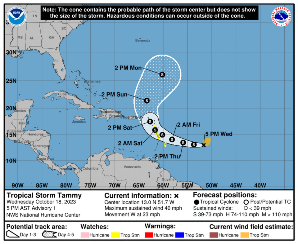 Tropical Storm Tammy formed Wednesday in the Atlantic, the 20th named storm of the season. The storm is expected to bring heavy rain and high winds to islands in the Caribbean into the weekend before turning to the north-northeast by Sunday.  It’s not expected to affect North Carolina or the rest of the Southeast coast.