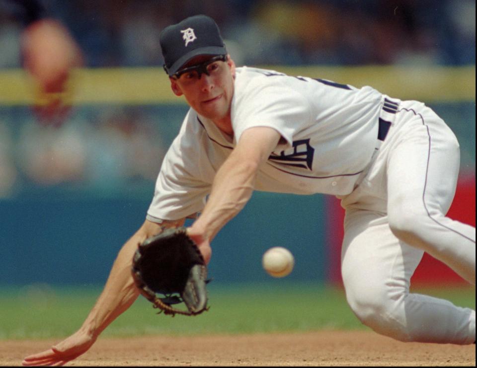 Tigers third baseman Travis Fryman dives for the low line drive hit by the Red Sox's Jeff Frye in the fourth inning and makes the catch for an out Sunday, July 14, 1996, at Tiger Stadium.