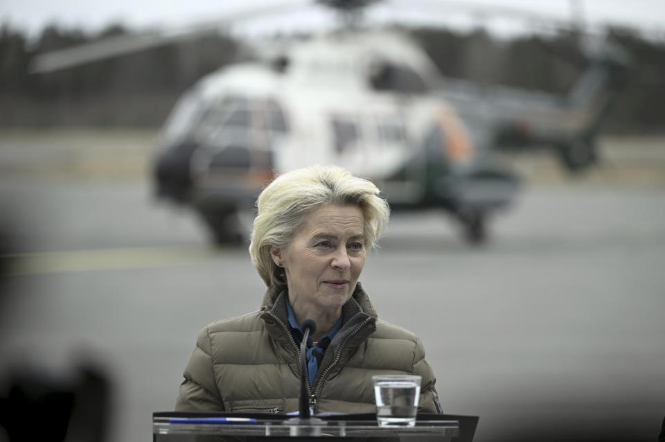 President of the European Commission Ursula von der Leyen reacts during her joint press conference with Finnish Prime Minister Petter Orpo at the Lappeenranta airport, eastern Finland, Friday April 19, 2024. President von der Leyen and Prime Minister Orpo visited the eastern border region of Finland on Friday and discussed what Finland and the EU can do to prevent instrumentalised migration to Finland's eastern border. (Antti Aimo-Koivisto/Lehtikuva via AP)