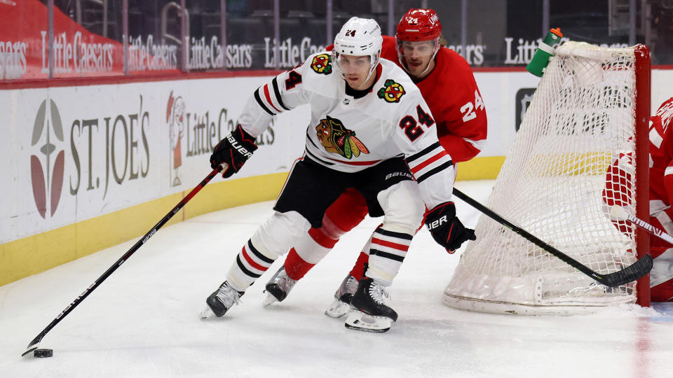 Pius Suter should benefit from Chicago's soft schedule this week, which includes two games against the Red Wings. (Photo by Gregory Shamus/Getty Images)